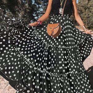 Black Casual Women's Layered Clashing Polka Dot Trim Halter Skirt